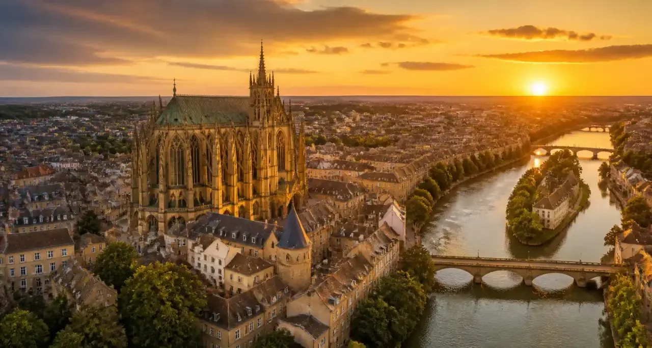 Cathédrale Saint-Étienne de Metz vue du ciel au coucher du soleil