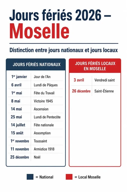 Jour férié en Moselle : calendrier 2026 distinguant les jours nationaux et les jours locaux