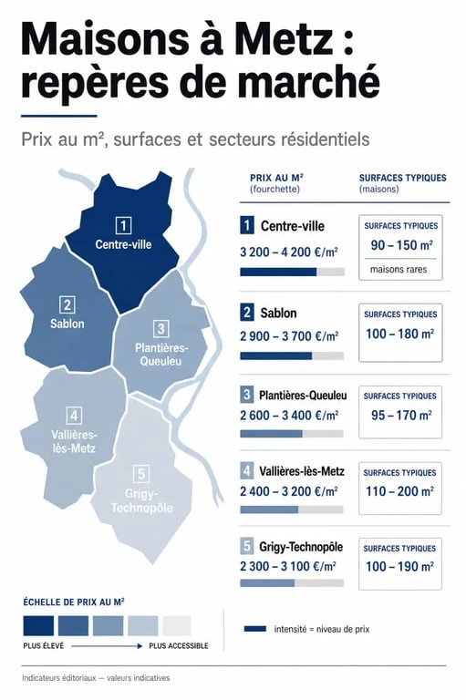 Maison sur Metz : visuel comparatif des prix, surfaces et quartiers