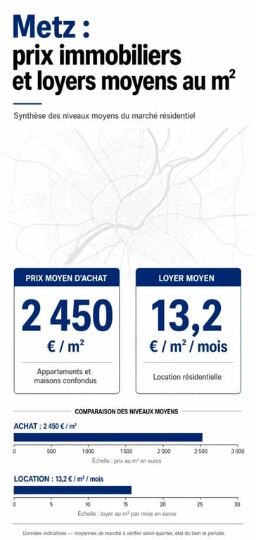 Infographie des prix et loyers pour un investissement locatif à Metz