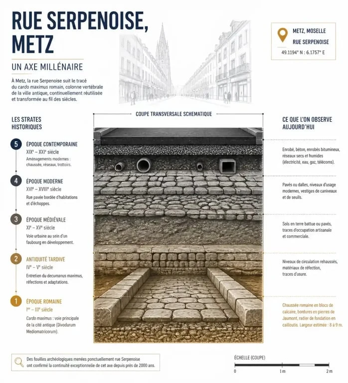 Coupe historique des strates de la rue Serpenoise à Metz