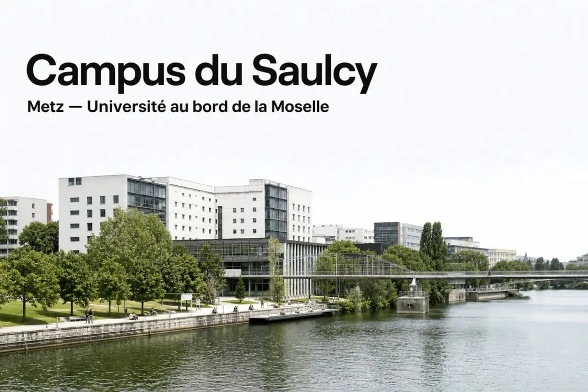 Metz Saulcy : vue d’ensemble du campus universitaire sur l’île du Saulcy à Metz