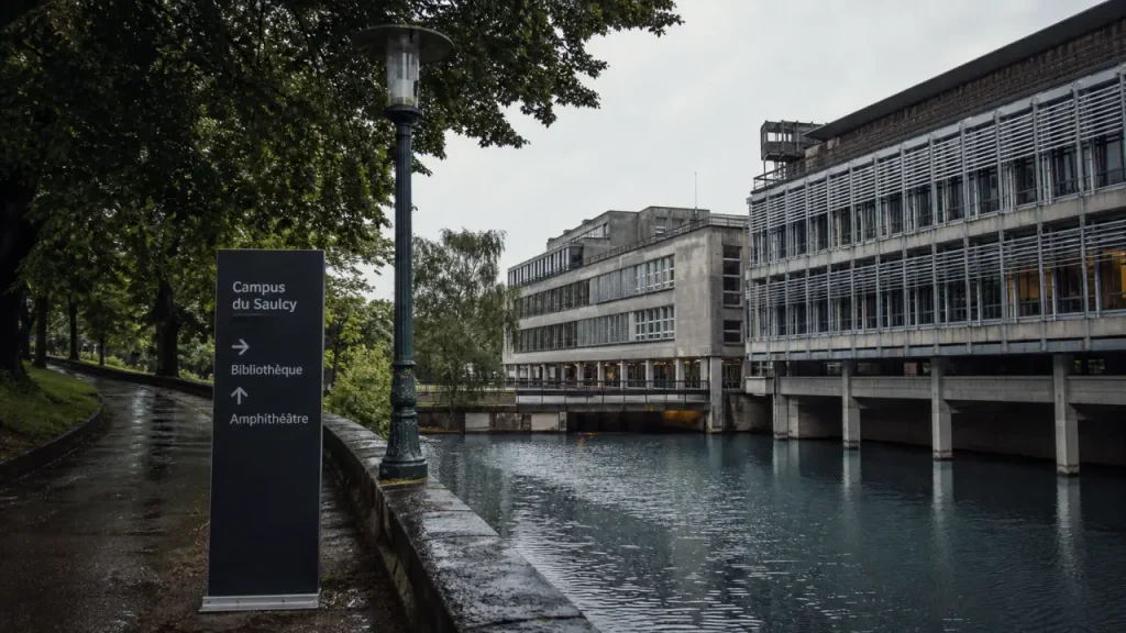Metz Saulcy : campus universitaire sur l’île du Saulcy, chemin et panneau directionnel
