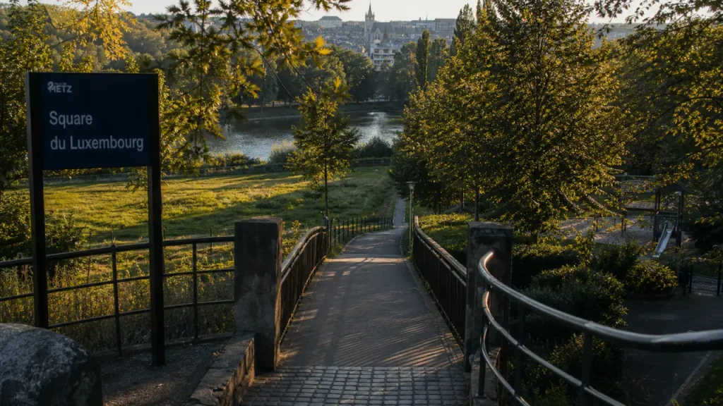 Square du luxembourg metz : passerelle, aire de jeux et Moselle