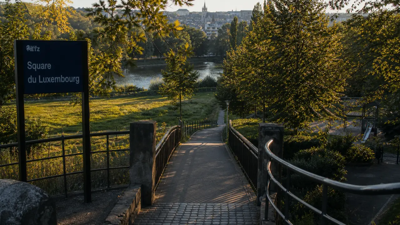 Square du luxembourg metz : passerelle, aire de jeux et Moselle