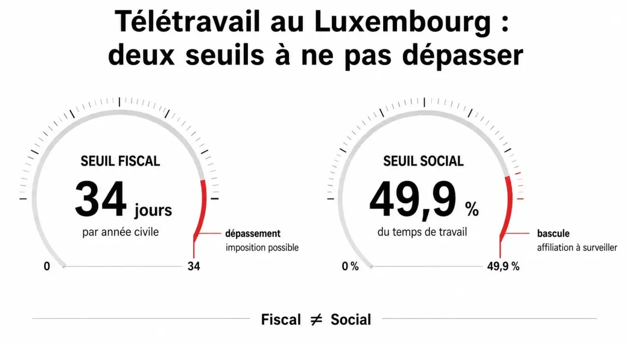 télétravail luxembourg : visuel comparant le seuil fiscal de 34 jours et le seuil social de 49,9 %