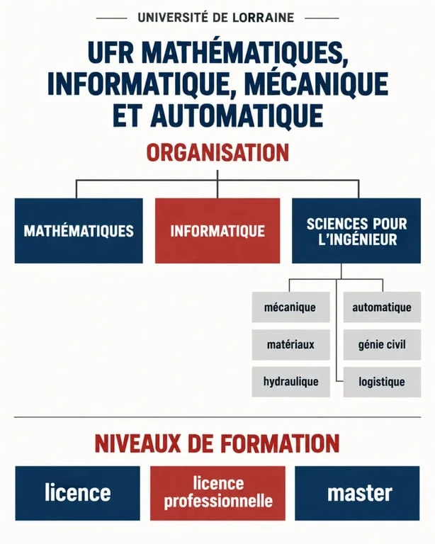 Infographie de l’université de Lorraine UFR mathématiques informatique mécanique et automatique : départements, domaines et niveaux de formation