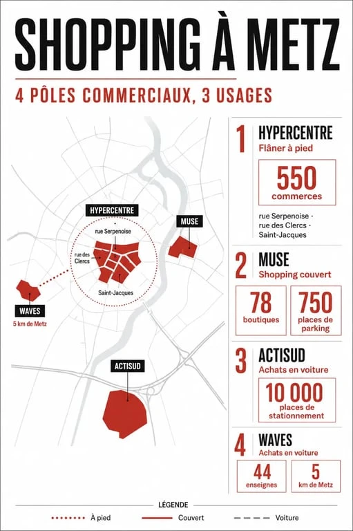 Magasin à Metz : carte éditoriale des principaux pôles shopping entre hypercentre, Muse, Actisud et Waves