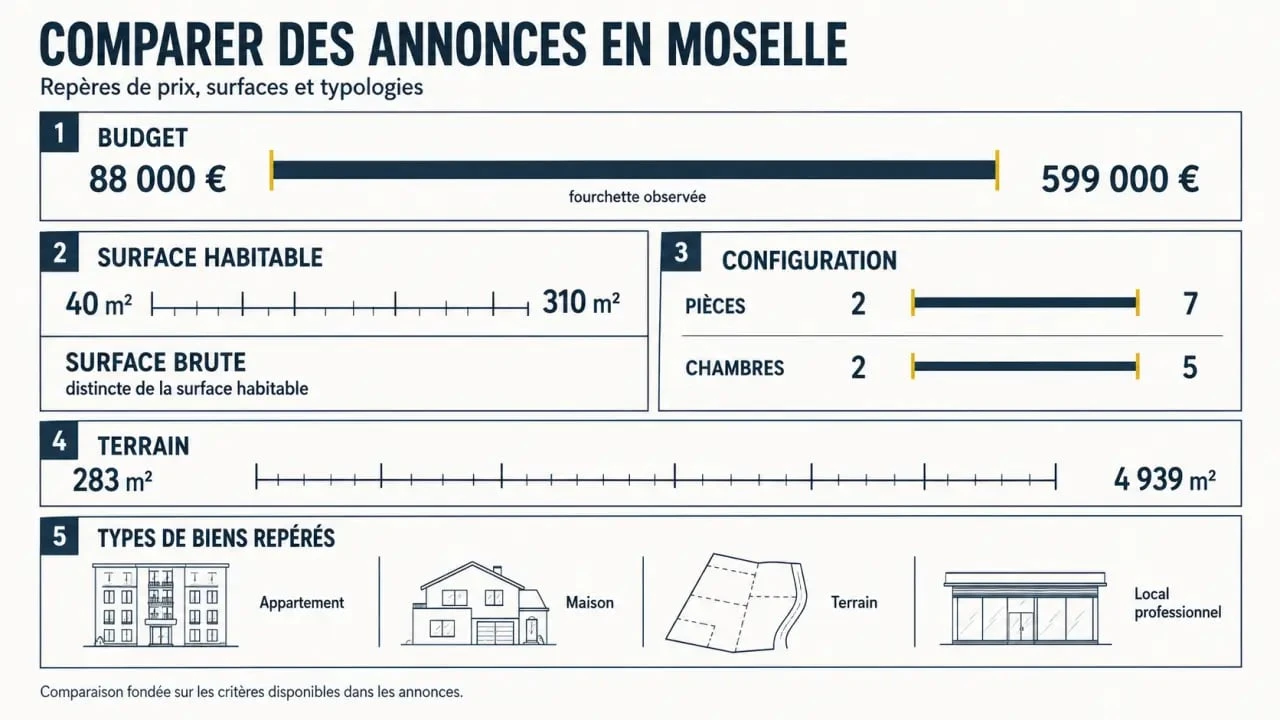Immobilier Moselle : critères pour comparer les annonces, prix, surfaces, pièces et terrains