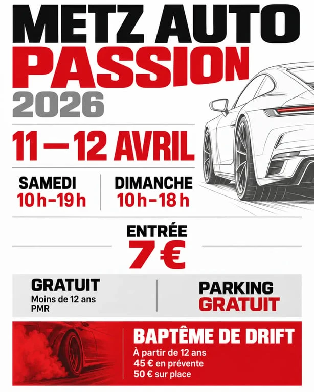 Infographie pratique de l’expo voiture à Metz Metz Auto Passion 2026 avec dates, horaires et tarifs