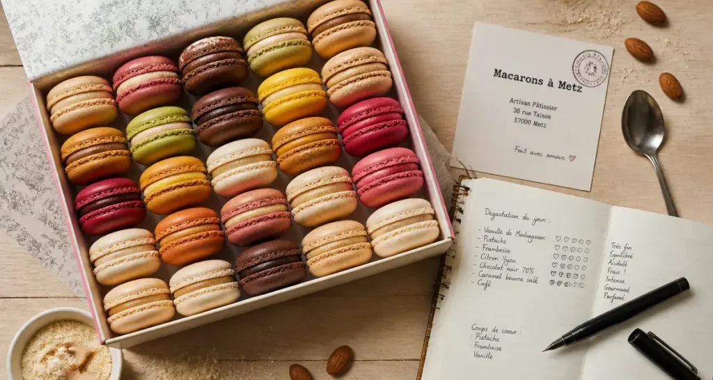 Macaron Metz artisanal : boîte de macarons sur comptoir en bois