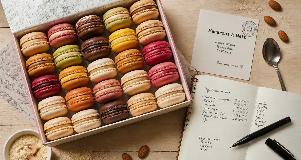 Macaron Metz artisanal : boîte de macarons sur comptoir en bois