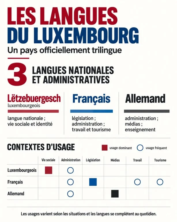 Infographie sur la langue Luxembourg et les usages du luxembourgeois, du français et de l’allemand
