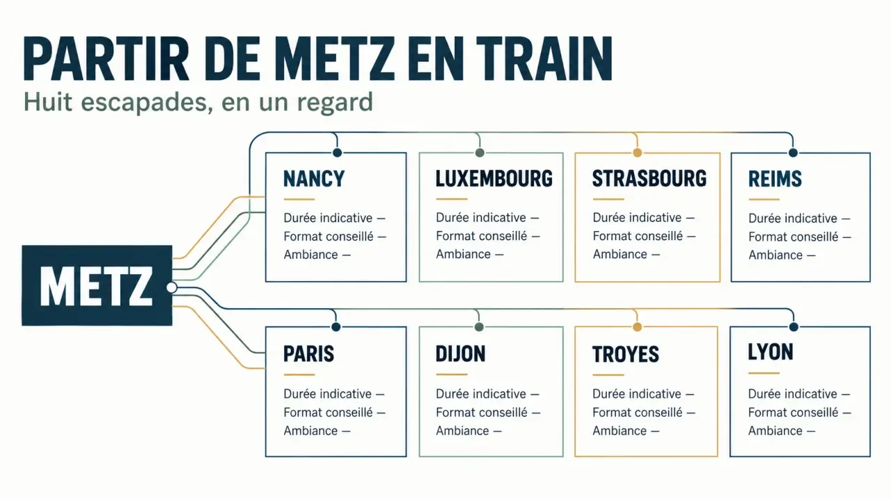 Infographie pour savoir où aller à 4h de chez moi près de Metz selon la durée du trajet et le type de séjour